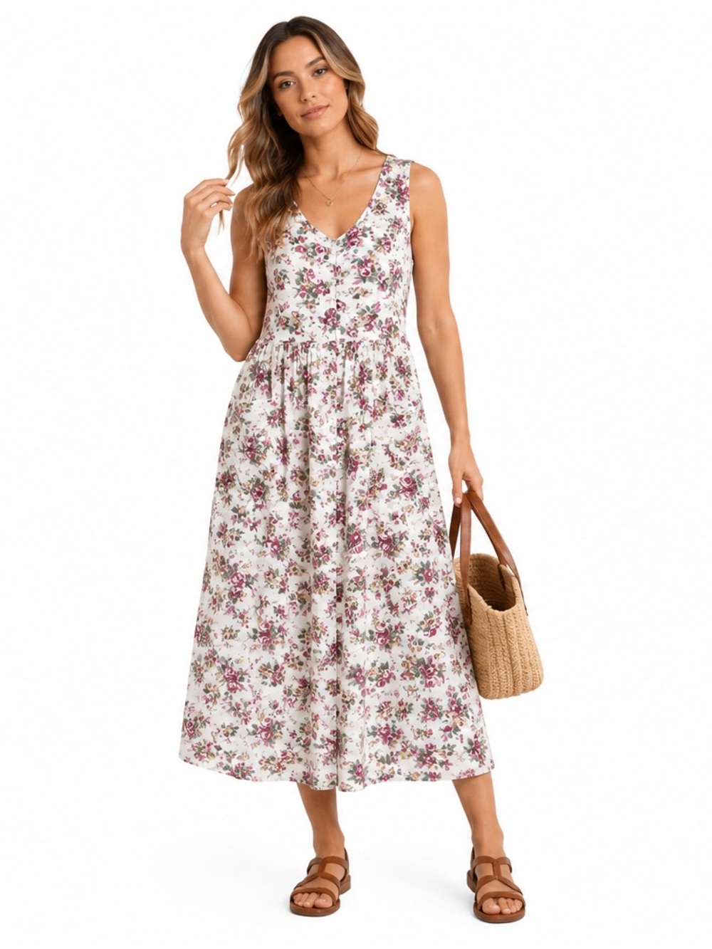 Vintage 90s Cotton Floral Cottagecore Button Front Midi Dress w Pockets medium
